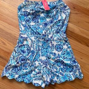 Lilly Pulitzer Blue & Aqua Floral Strapless Romper with Scalloped Hem